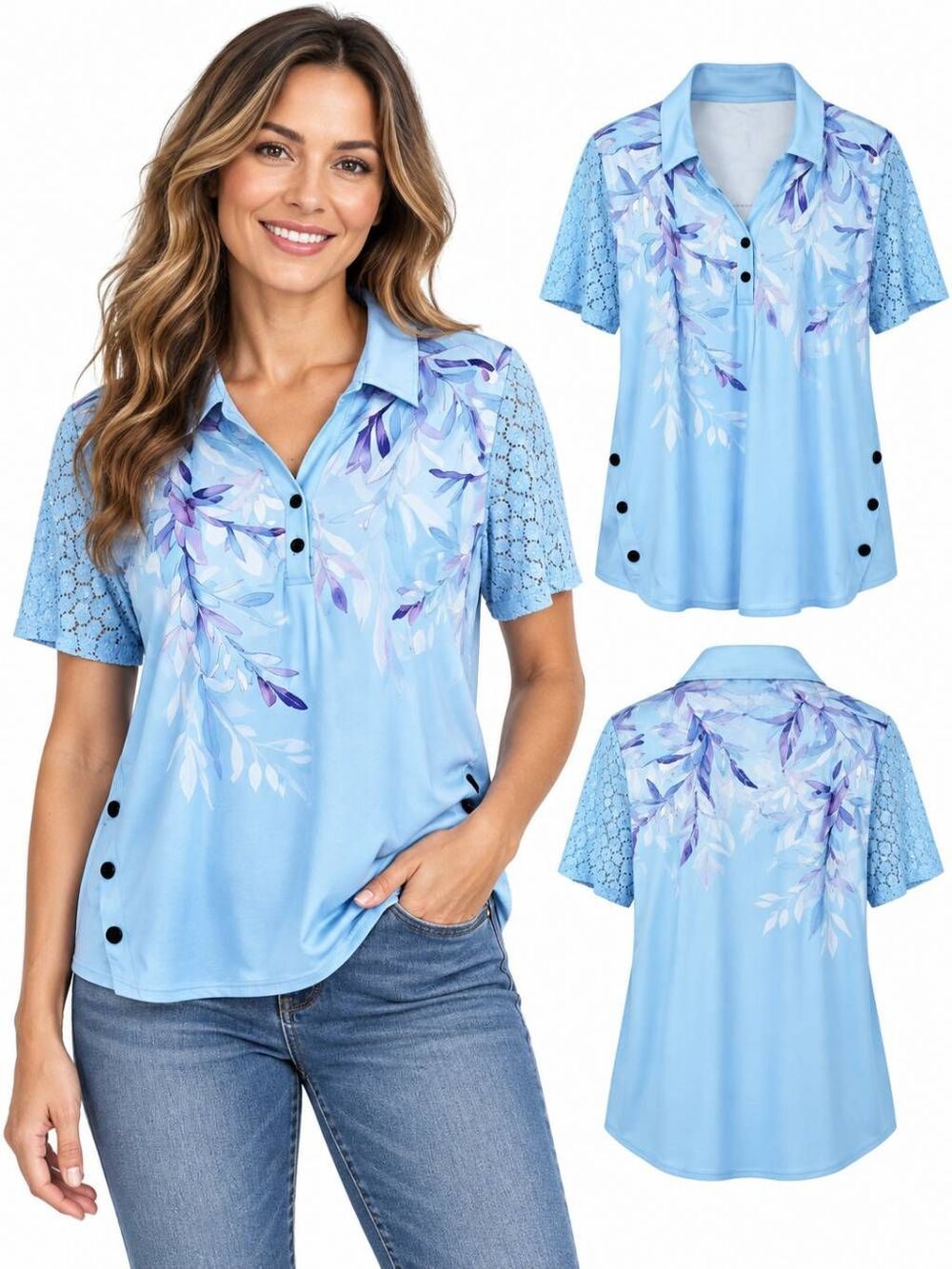 Womans XL Blue Floral Top Button Front Blouse